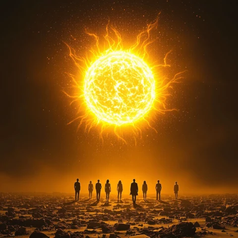 A small group stands on fractured ground beneath a rising flame-sun, each figure glowing—distinct yet connected by light arcs.