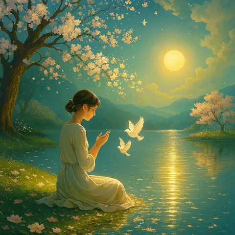 Woman standing by a peaceful river, embodying living abundance, spiritual awakening, and connection to the flow of liquid money