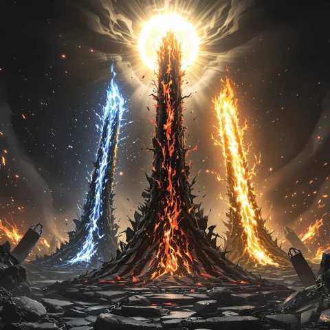 Three blazing elemental pillars rising from shattered ground — blue liquid energy, black-red flame, and golden solar fire — beneath a radiant sun, symbolizing the three pillars of the Sovereign Flame Movement: Liquidity, Voice, and Creation