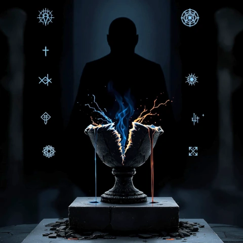 Three blazing elemental pillars rising from shattered ground — blue liquid energy, black-red flame, and golden solar fire — beneath a radiant sun, symbolizing the three pillars of the Sovereign Flame Movement: Liquidity, Voice, and Creation