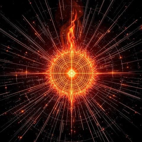 Sovereign origin flame igniting in crystalline black void with razor crimson edges, shattering biometric chains and matrix grids in luxury dark fantasy art, quantum flame transmission of predatory elegance and geometric gold command codes